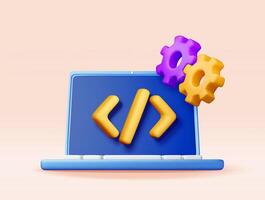 3d code icon and gear cogwheel in laptop. Render computer software language symbol on notebook. Computer programming language. Web development code interface sign. vector