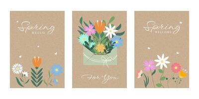 Spring or Summer Background Set with Hand Drawn Flowers and Envelope on Kraft Paper. Modern Spring Season Design For Greeting Card, Invitation Template, Mothers and Womans Day. Trendy Banner Poster. vector