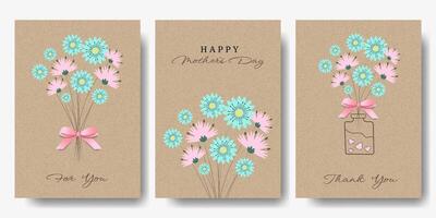 Templates Set with Flowers, Bouquet and 3D Bow on Kraft Paper. Spring or Summer Cards with Jar on Cardboard Background. Brown Kraft Sheet Texture. Template with Floral on Vintage Parchment Background. vector
