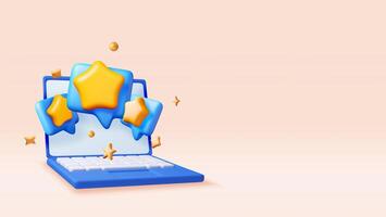 3D Colorful star shaped speech bubbles on laptop. Render rating chat balloon. Notification shape mockup. vector