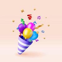 3D party popper with confetti isolated on white. Render paper confetti collection. Colorful firecracker elements in various shapes. vector