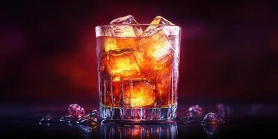 Refreshing cocktail served on a sleek bar counter with ice cubes and vibrant background lighting at a stylish evening gathering photo