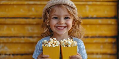 Happy child enjoying delicious popcorn in a vibrant setting with yellow backdrop during a sunny day photo