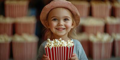 Happy child enjoying popcorn at a bustling fair in the afternoon sun while wearing a straw hat photo