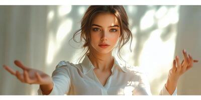 Young woman with captivating gaze extending her arms in a softly lit indoor setting during the afternoon photo