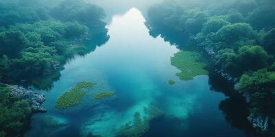 Serene river landscape captured at dawn reflecting lush greenery and calm waters photo