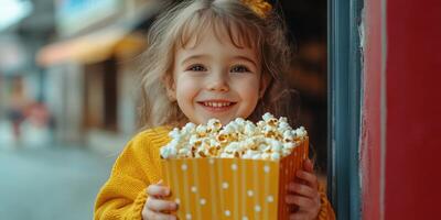 Young girl in cozy sweater enjoying popcorn while smiling in a vibrant outdoor setting during daylight photo