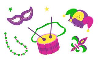 set with elements for Mardi Gras carnival. Bright Images of hats, masks with beads and drums for design and logos. vector
