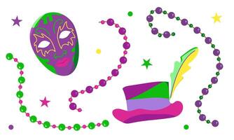 set with elements for Mardi Gras carnival. Bright Images of masks, hats with feathers and beads for design and logos. vector