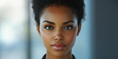 Portrait of a young woman with beautiful features and confident expression in a bright urban setting during daylight photo