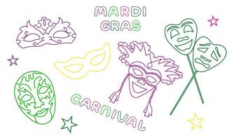 set with elements for Mardi Gras carnival with text in doodle style. Bright Images of different masks for design and logos. vector