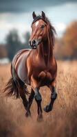Majestic brown horse runs freely through golden grass under a dramatic sky in a serene landscape photo