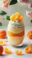 Elegant dessert with creamy layers and fresh apricots set against soft floral background photo