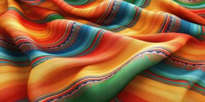 Colorful woven fabric displaying vibrant patterns of orange, blue, green, and yellow hues used for decoration and crafts photo