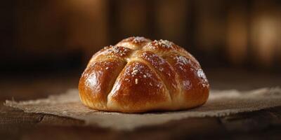 Freshly baked bread loaf resting on a burlap cloth in a warm, rustic setting photo