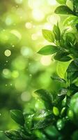 Lush green leaves glimmering with water droplets in a sunlit natural setting during the daytime photo