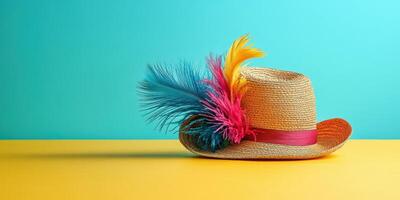 Brightly colored straw hat with vibrant feathers resting on a yellow surface against a turquoise background in a cheerful setting photo