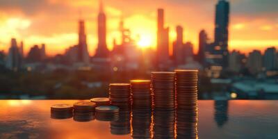 Coins stacked against a beautiful sunset over a city skyline with tall buildings photo