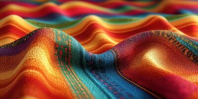 Colorful woven textile with vibrant patterns displayed in warm tones and rich textures under soft lighting photo
