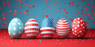 Decorated eggs with red and blue colors and confetti for a patriotic celebration photo