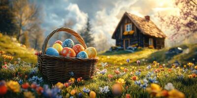 Colorful Easter eggs in a woven basket amidst blooming flowers near a rustic cabin at sunset photo