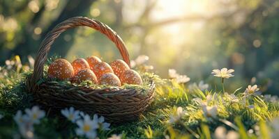 Colorful easter eggs in a woven basket on green grass surrounded by blooming flowers during a sunny spring afternoon photo