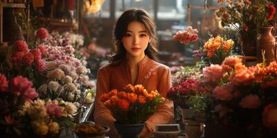 Young woman surrounded by vibrant flowers in a blooming market during golden hour photo