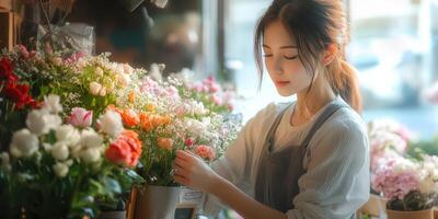 Florist arranging colorful flowers in a vibrant shop during daylight hours photo