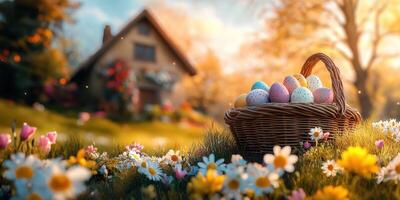 Colorful Easter eggs in a basket surrounded by flowers near a cozy cottage in the countryside during springtime photo