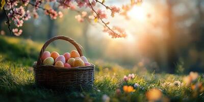 Colorful eggs nestled in a wicker basket under blooming cherry blossoms at sunset in a serene garden setting photo