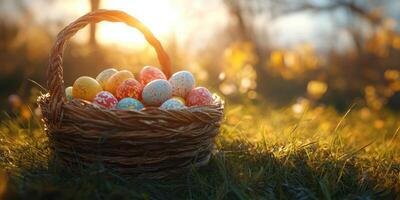 Colorful decorative eggs in a woven basket during sunset on a grassy field photo