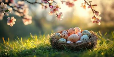 Colorful Easter eggs gathered in a nest under blossoming cherry trees during a sunny afternoon in spring photo