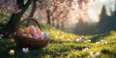 Colorful Easter eggs nestled in a basket among blooming flowers on a serene spring afternoon photo