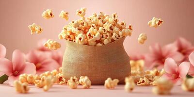 Popcorn spills from a burlap sack surrounded by pink flowers on a soft pastel background photo