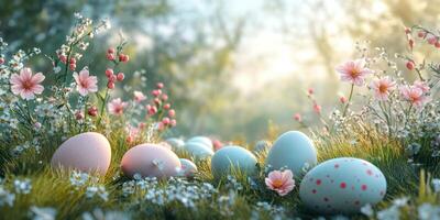 Colorful Easter eggs hidden among blooming flowers in a serene garden during springtime photo
