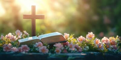 Graceful moment of reflection with a cross and open book surrounded by flowers in soft sunlight photo