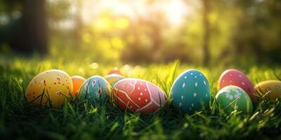 Colorful Easter eggs hidden in vibrant grass during a sunny spring afternoon photo