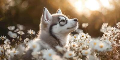 Husky puppy enjoying a sunny afternoon among blooming flowers in a warm and peaceful garden photo