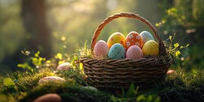 Colorful Easter eggs in a wicker basket resting on moss in a sunlit forest setting during springtime photo