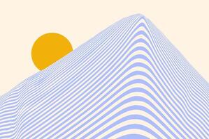 Minimalist abstract landscape with wavy striped mountain and golden sun on a pastel background. Modern geometric artwork with optical illusion effect, fluid lines, and surreal nature composition. vector