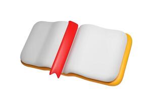 3D open book with white pages and a red bookmark on a white background. 3d book with yellow cover and rounded edges. vector
