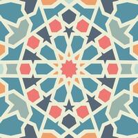 A colorful Islamic geometric pattern featuring symmetrical star motifs in pink, blue, and beige tones with intricate details. Seamless pattern. vector