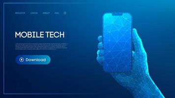 Low poly hand holding a smartphone with geometric blue shapes on a digital background. Blue futuristic technology background. vector