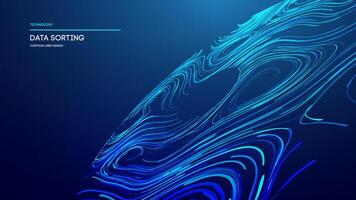 Dynamic digital contour lines flowing across a blue background for technology representation vector