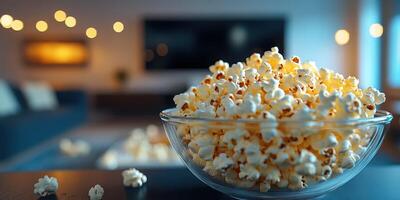 Cozy evening with a bowl of popcorn in a softly lit living room, perfect for movie night or relaxation time photo