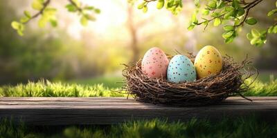 Colorful Easter eggs nestled in a nest surrounded by lush greenery and soft sunlight photo