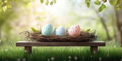Colorful Easter eggs in a nest on a wooden bench surrounded by greenery and soft sunlight photo