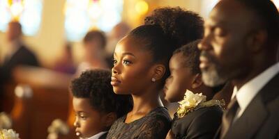Family gathering in a church during a solemn ceremony with siblings and a parent reflecting on the moment photo