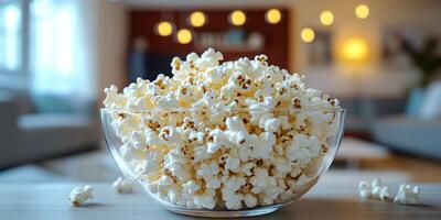 Popcorn in a bowl on a wooden table in a cozy living room with warm lighting during evening gatherings and movie nights photo