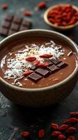Delicious chocolate bowl topped with coconut, goji berries, and dark chocolate pieces in a cozy setting photo